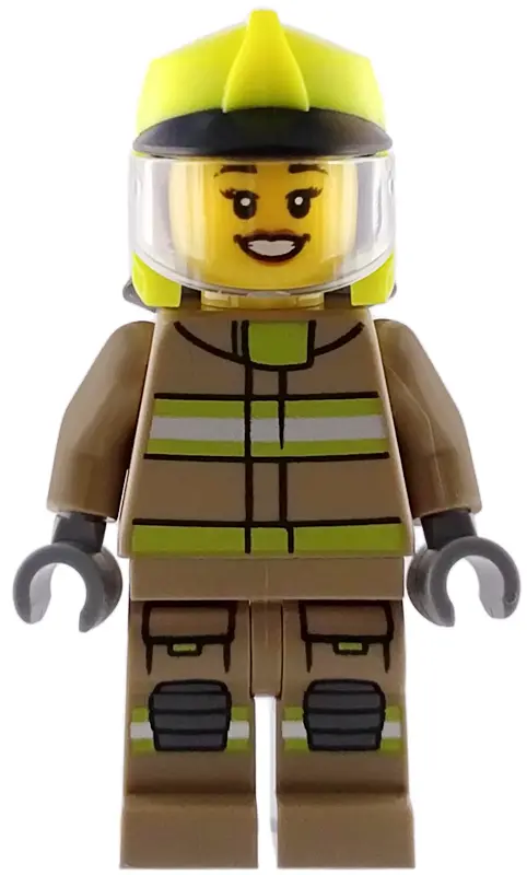 - Female, Dark Tan Jacket and Legs with Reflective Stripes, Neon Yellow Fire Helmet, Trans-Clear Vis