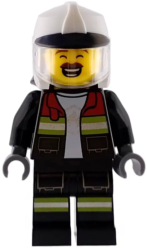 - Male, Black Open Jacket and Legs with Reflective Stripes and Red Collar, White Fire Helmet, Trans-