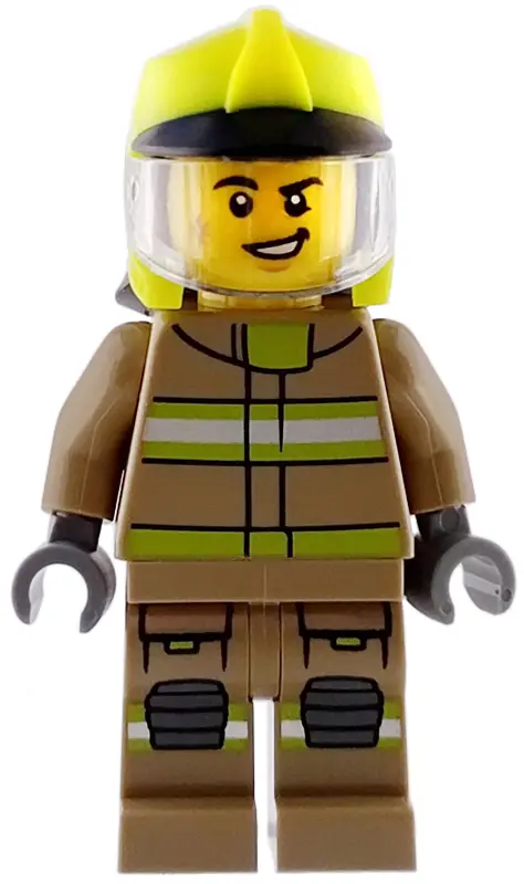 - Male, Dark Tan Jacket and Legs with Reflective Stripes, Neon Yellow Fire Helmet, Trans-Clear Visor