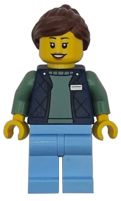 Worker - Female, Dark Blue Bodywarmer over Sand Green Sweater, Bright Light Blue Legs, Reddish Brown