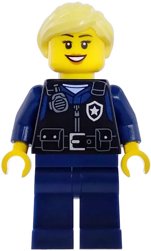 Security Guard - Female, Black Safety Vest with Silver Star Badge Logo, Dark Blue Legs, Bright Light
