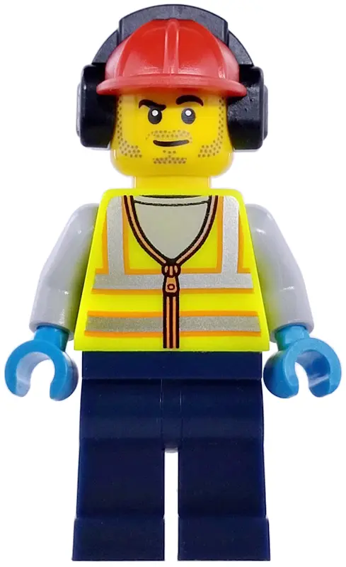 Worker - Male, Neon Yellow Safety Vest with Reflective Stripes, Dark Blue Legs, Red Construction Hel