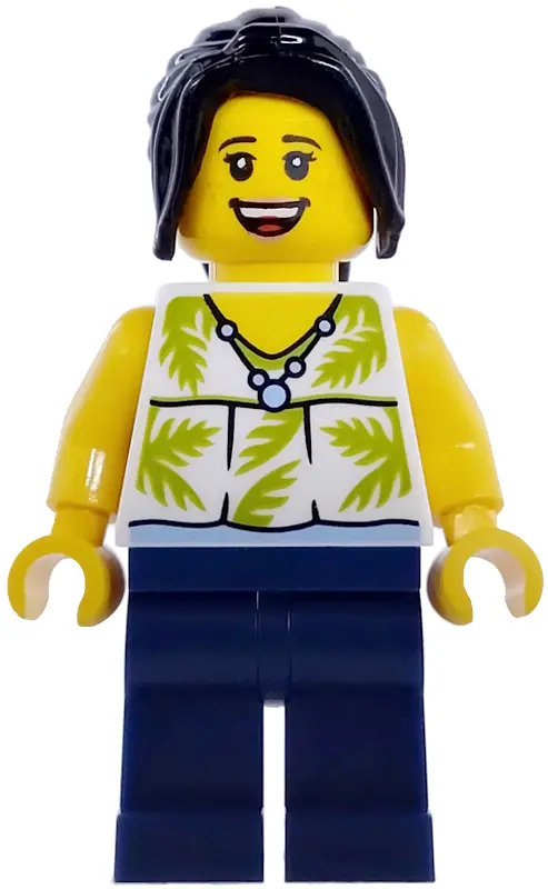 Passenger - Female, White Sleeveless Top with Lime Palm Leaves, Dark Blue Legs, Black Hair Ponytail