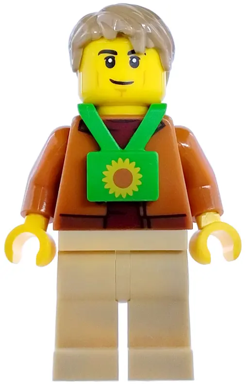 Passenger - Male, Dark Orange Jacket, Tan Legs, Bright Green Sunflower Lanyard, Dark Tan Hair
