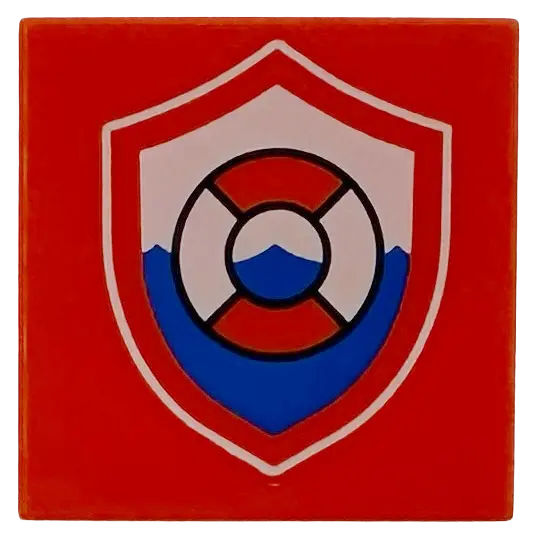 Orange Tile 2 x 2 with Life Preserver Coast Guard Logo Badge / Shield Pattern