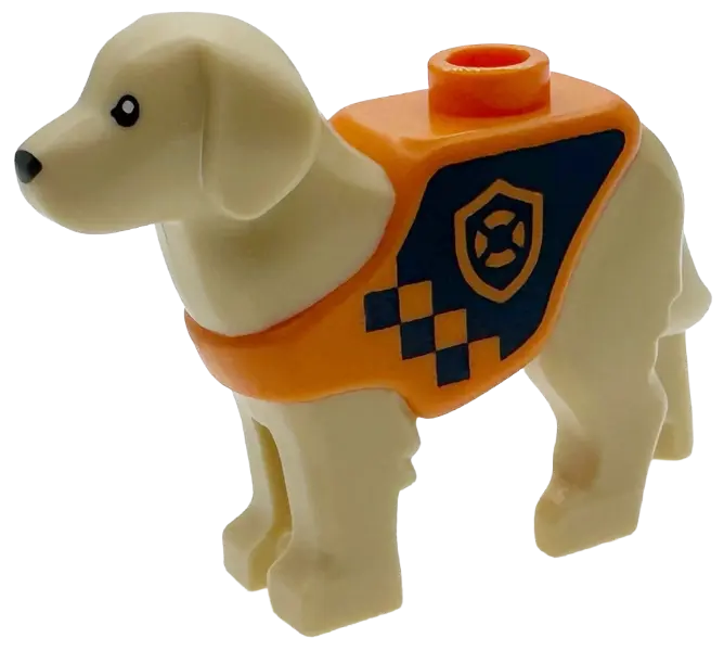 Dog, Labrador / Rescue Dog with Molded Orange Vest and Printed Dark Blue Panel and Squares with Coas