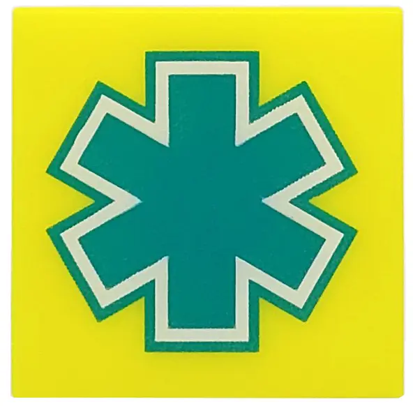 Yellow Tile 2 x 2 with Dark Turquoise and White EMT Star of Life Pattern