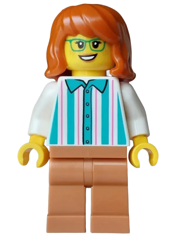 Cream Vendor - Female, White Shirt with Dark Turquoise Stripes, Medium Nougat Legs, Dark Orange Hair