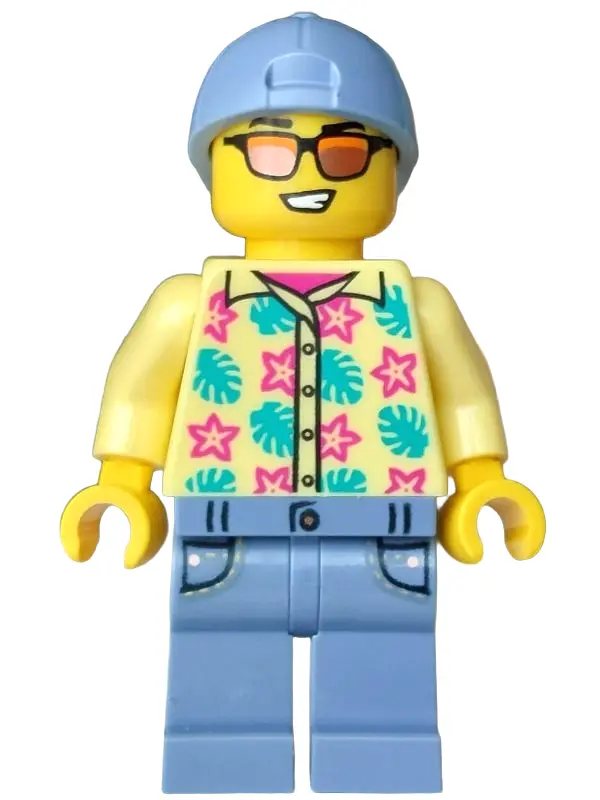 Passenger - Male, Bright Light Yellow Shirt with Flowers and Leaves, Sand Blue Legs with Pockets and