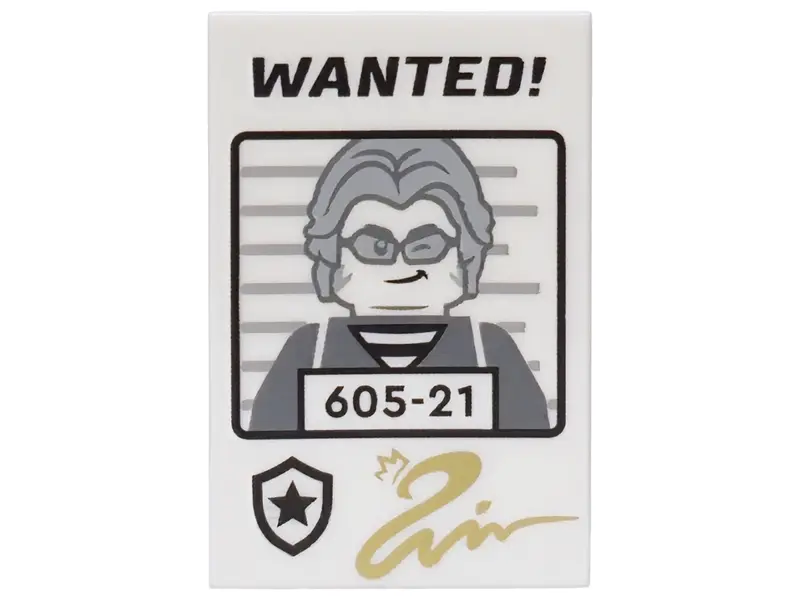 Tile 2 x 3 with Black 'WANTED!' and Dark Bluish Gray Minifigure with '605-21', Gold Snake Signature 