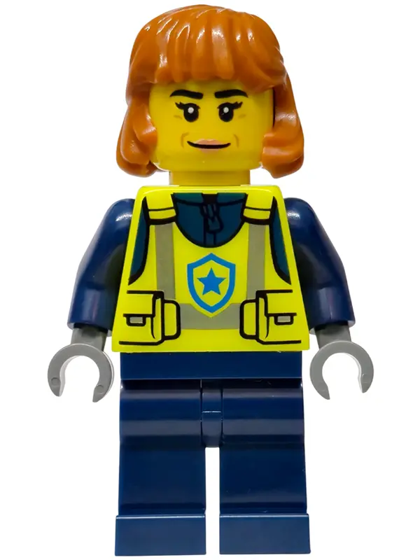 - City Officer Female, Neon Yellow Safety Vest, Dark Blue Legs, Dark Orange Mid Length Hair, Closed 