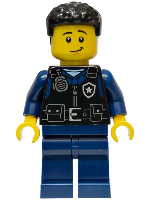 - City Officer Male, Black Safety Vest with Silver Star Badge Logo, Dark Blue Legs, Black Coiled Hai