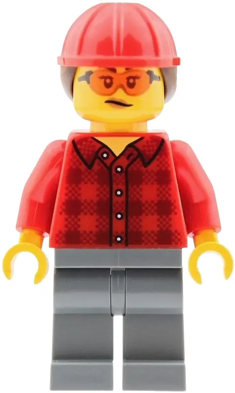Crane Operator - Female, Red Plaid Flannel Shirt, Dark Bluish Gray Legs, Red Construction Helmet wit
