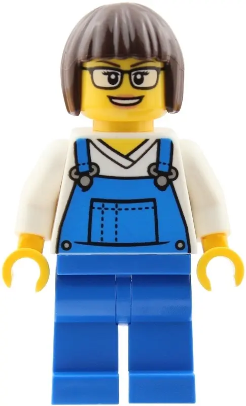 Driver - Female, Blue Overalls over V-Neck Shirt, Blue Legs, Dark Brown Bob Cut Hair, Glasses