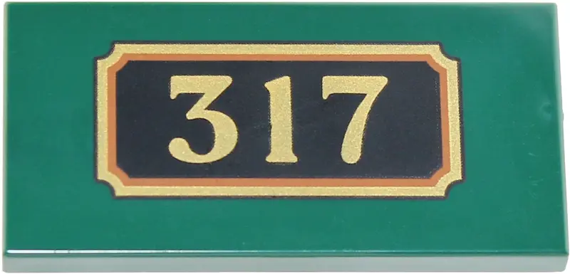Green Tile 2 x 4 with '317' on Black Plaque with Gold and Dark Orange Border Pattern