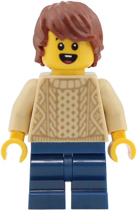 - Boy, Tan Knit Cable Sweater, Dark Blue Medium Legs, Reddish Brown Tousled Hair
