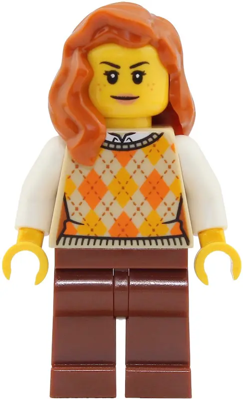- Female, Tan Knit Argyle Sweater Vest, Reddish Brown Legs, Dark Orange Hair