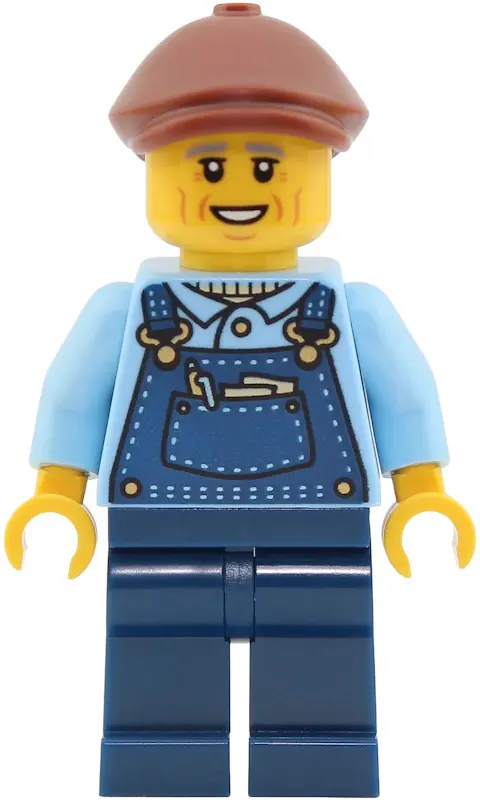 Driver - Male, Bright Light Blue Shirt, Dark Blue Overalls and Legs, Reddish Brown Flat Cap
