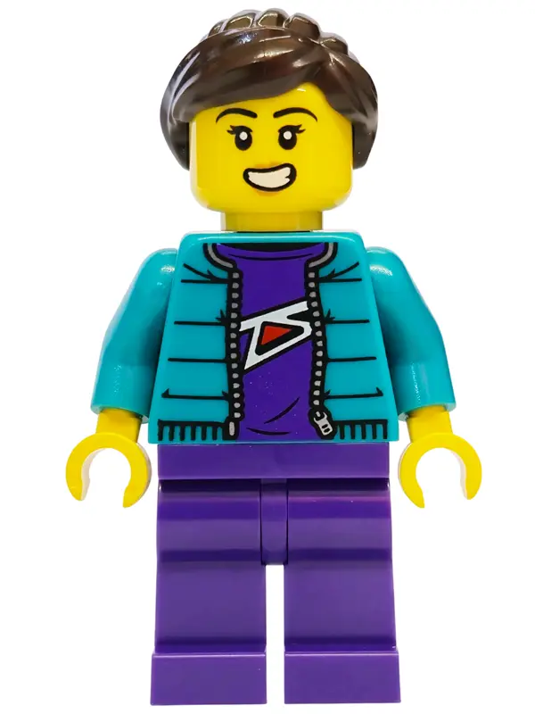 Bike Cyclist -  Female, Dark Turquoise Jacket, Dark Purple Legs, Dark Brown Ponytail