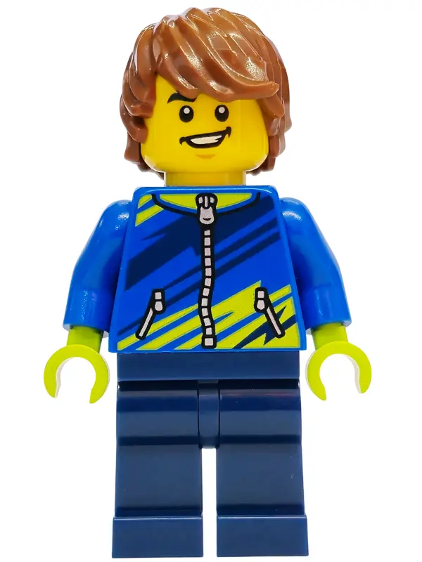 Bike Cyclist - Male, Blue Jacket with Dark Blue and Lime Diagonal Stripes, Dark Blue Legs, Reddish B