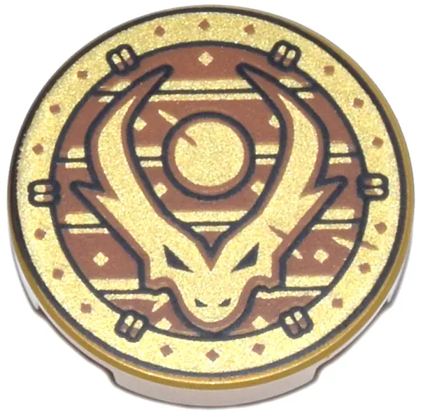 Gold Tile, Round 2 x 2 with Bottom Stud Holder with Dragon Head with Horns and Black Outline on Dark