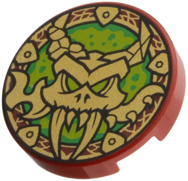 Red Tile, Round 2 x 2 with Bottom Stud Holder with Gold Dragon Skull, Lime and Bright Green Backgrou