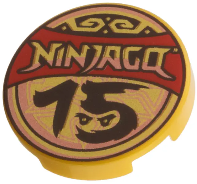 Gold Tile, Round 2 x 2 with Bottom Stud Holder with 'NINJAGO 15', Red Banner, Copper Trim Pattern