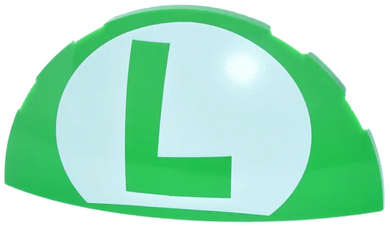 Green Brick, Round 3 x 6 x 1 Dome Half with Super Mario Luigi Logo Capital Letter L on White Oval Pa