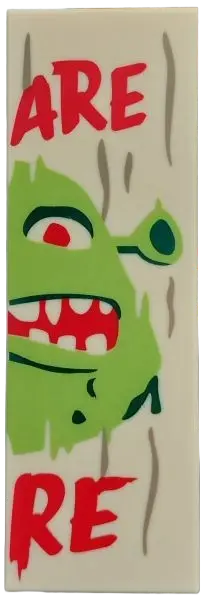 Tile 2 x 6 with Dark Tan Wood Grain, Red 'BEWARE', 'OGRE', Dark Green and Lime Shrek Face Left Half 