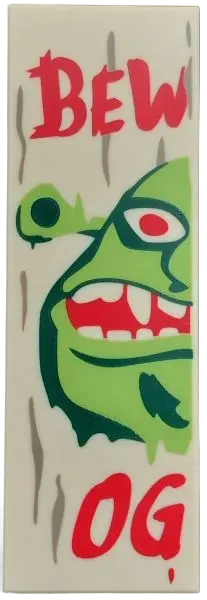 Tile 2 x 6 with Dark Tan Wood Grain, Red 'BEWARE', 'OGRE', Dark Green and Lime Shrek Face Right Half