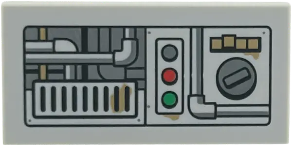 Bluish Gray Tile 2 x 4 with Dark Bluish Gray Industrial Control Panel, Dial, and Pipes, Black Vent G