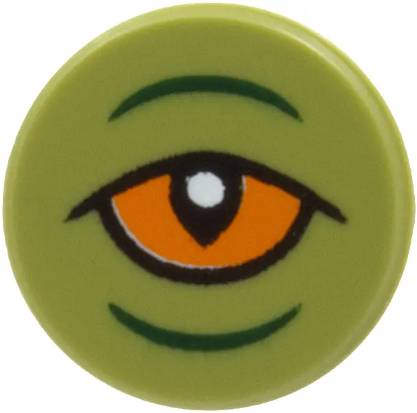 Green Tile, Round 1 x 1 with Orange Eye with Black Outlines and Curved Dark Green Eyelid Lines Patte