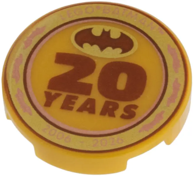 Gold Tile, Round 2 x 2 with Bottom Stud Holder with Copper 'LEGO BATMAN 2006 - 2026', Dark Orange '2
