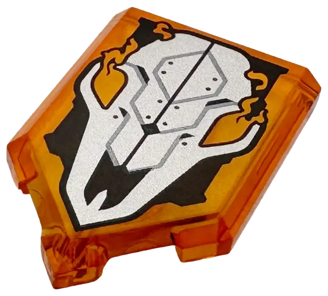 Tile, Modified 2 x 3 Pentagonal with Silver Skull with Rivets and Flames on Black Background Pattern
