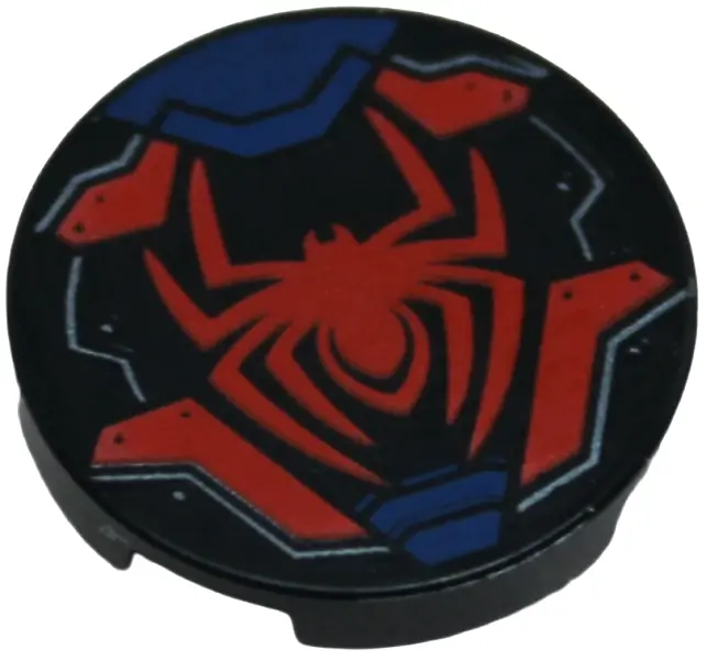 Tile, Round 2 x 2 with Bottom Stud Holder with Spider, Dark Blue and Red Armor Plates, Dark Silver O