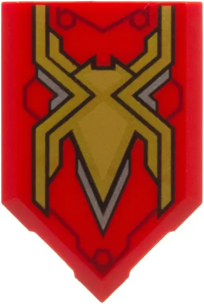 Tile, Modified 2 x 3 Pentagonal with Gold, Silver and Medium Nougat Stylized Spider and Dark Red Lin