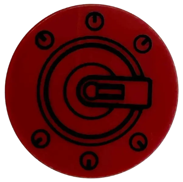 Red Tile, Round 3 x 3 with Black Mechanical Joint with Concentric Circles, Central Pivot Arm and Bol