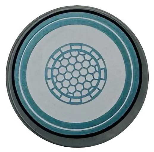 Silver Tile, Round 2 x 2 with Bottom Stud Holder with White Arc Reactor Core with Metallic Light Blu