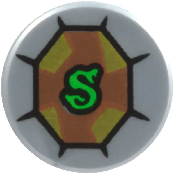 Silver Tile, Round 1 x 1 with Green Letter S Snake on Gold and Copper Jewel with Black Outlines Patt