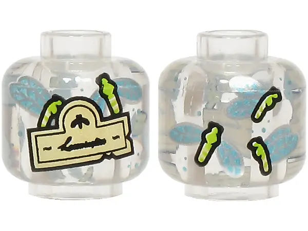 Minifigure, Head without Face with Tan Label with Black Script Writing and Lime Insects with Silver 