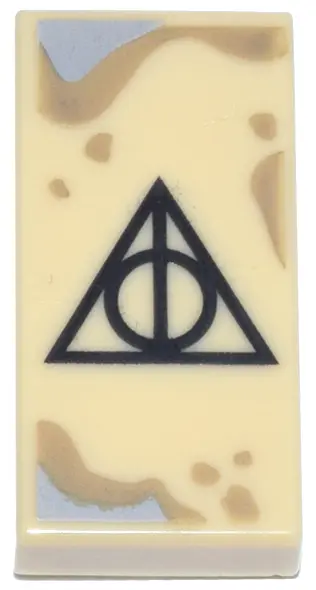 Tile 1 x 2 with Black Triangle, Line, and Circle Symbol, Dark Tan and Light Bluish Gray Splatters an