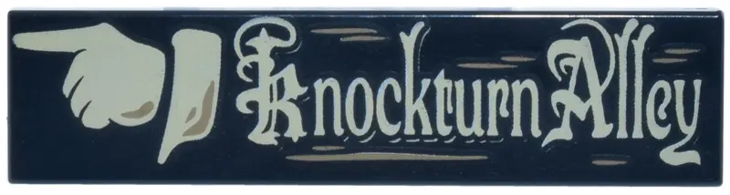 Tile 1 x 4 with Tan Pointing Hand and 'Knockturn Alley' Sign Pattern