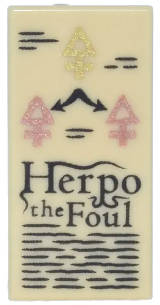 Tile 1 x 2 with Book Page with Black Text and 'Herpo the Foul' and Gold and Copper Arcane Symbols Pa