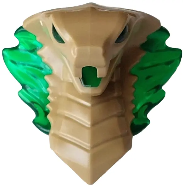 Tan Minifigure, Head, Modified Snake, Cobra with Open Mouth with Molded Trans-Green Eyes, Tongue, an