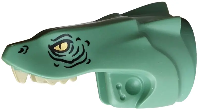 Green Serpent Basilisk Head with Gold Eyes, Black Wrinkles and Nostrils, Tan Teeth Pattern