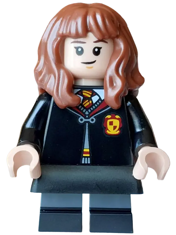 Granger - Gryffindor Robe Clasped, Black Skirt, Black Short Legs with Dark Bluish Gray Stripes, Grin