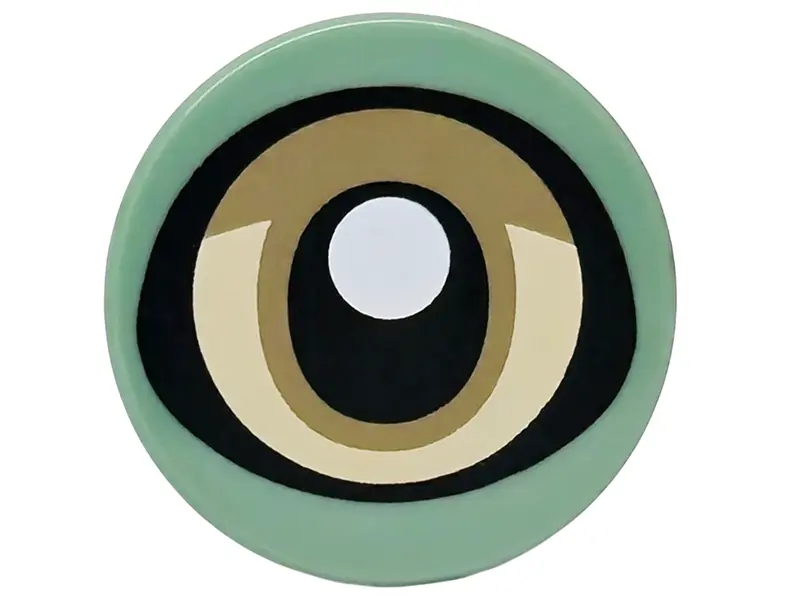 Green Tile, Round 2 x 2 with Bottom Stud Holder with Dark Tan and Tan Eye, Black Pupil with White Gl