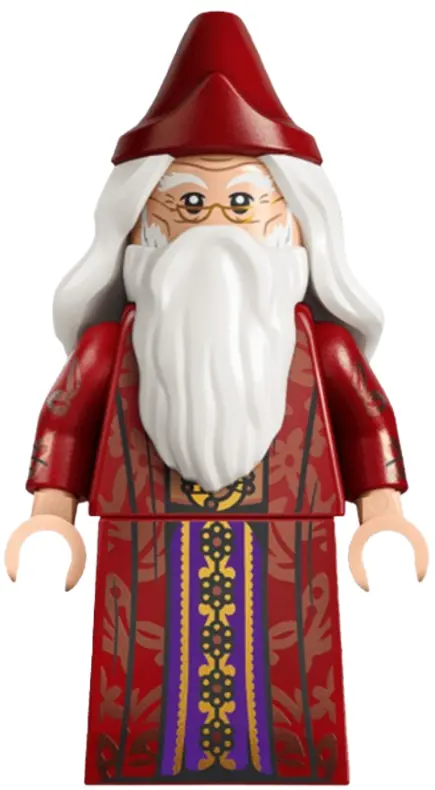 Dumbledore - Dark Red Robe with Copper Leaves, White Hair, Printed Arms