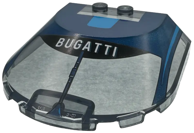 Windscreen 6 x 6 x 1 1/3 Curved with White 'BUGATTI' on Black Panel, Dark Blue Wiper and Roof with D