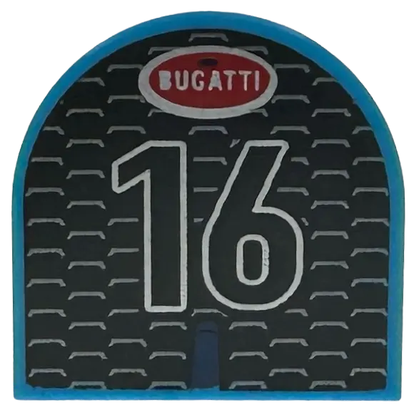 Azure Tile, Round 2 x 2 Half Circle Extended with Black Car Grille with Red and Silver Oval Bugatti 